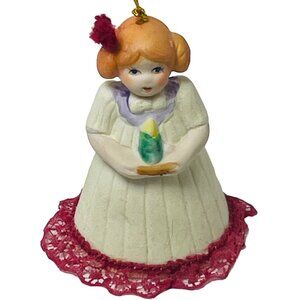 Porcelain Christmas Ornament Girl Holding Candle Bell Jasco Vintage
